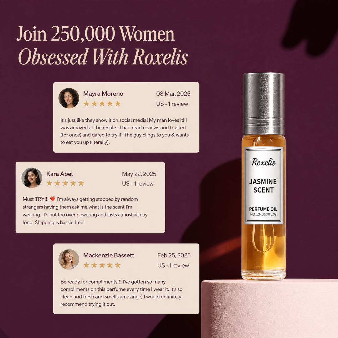Roxelis pheromone roll-on perfume held in hand, purse-sized