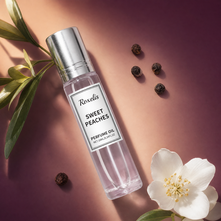 Roxelis Sweet Peaches pheromone roll-on perfume oil — juicy peach and nectarine with vanilla