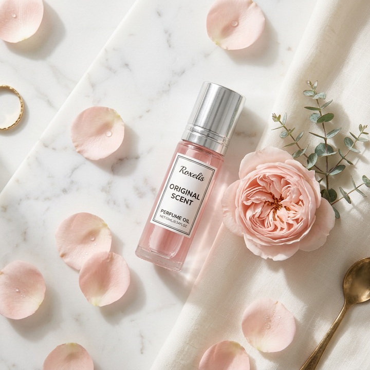 Roxelis Original flat lay with rose petals and peony — pheromone perfume oil