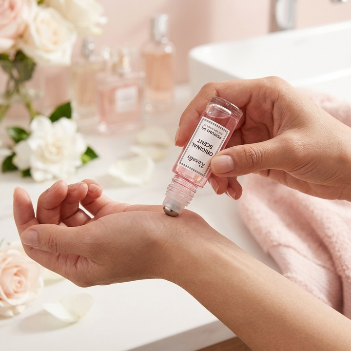 Woman applying Roxelis Original roll-on perfume to pulse points