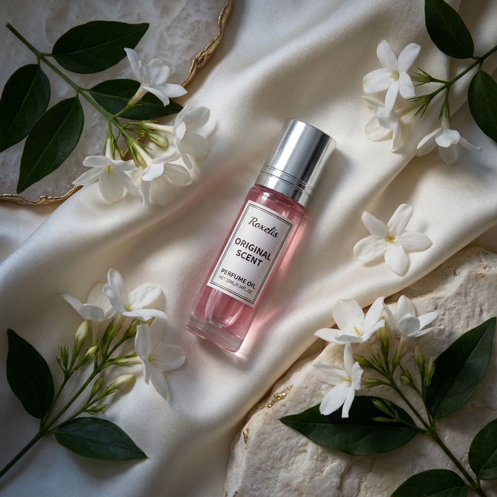 Roxelis Jasmine flat lay with white jasmine flowers — pheromone perfume oil