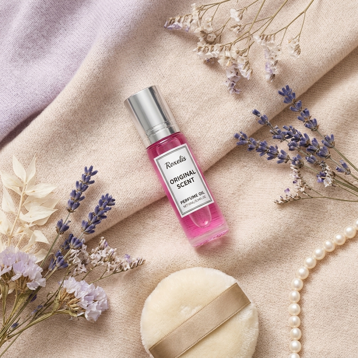 Roxelis Paris flat lay with lavender sprigs and dried florals — pheromone perfume oil