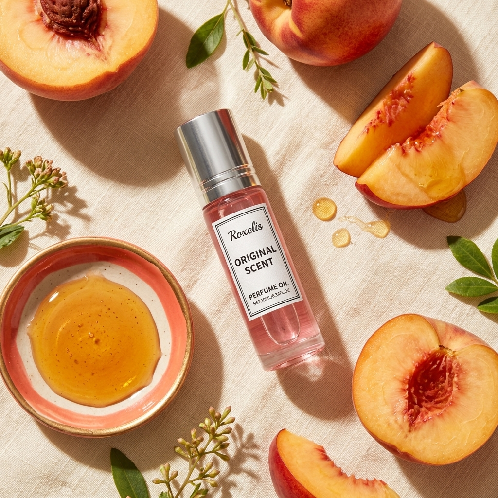 Roxelis Sweet Peaches flat lay with peach slices and honey — pheromone perfume oil