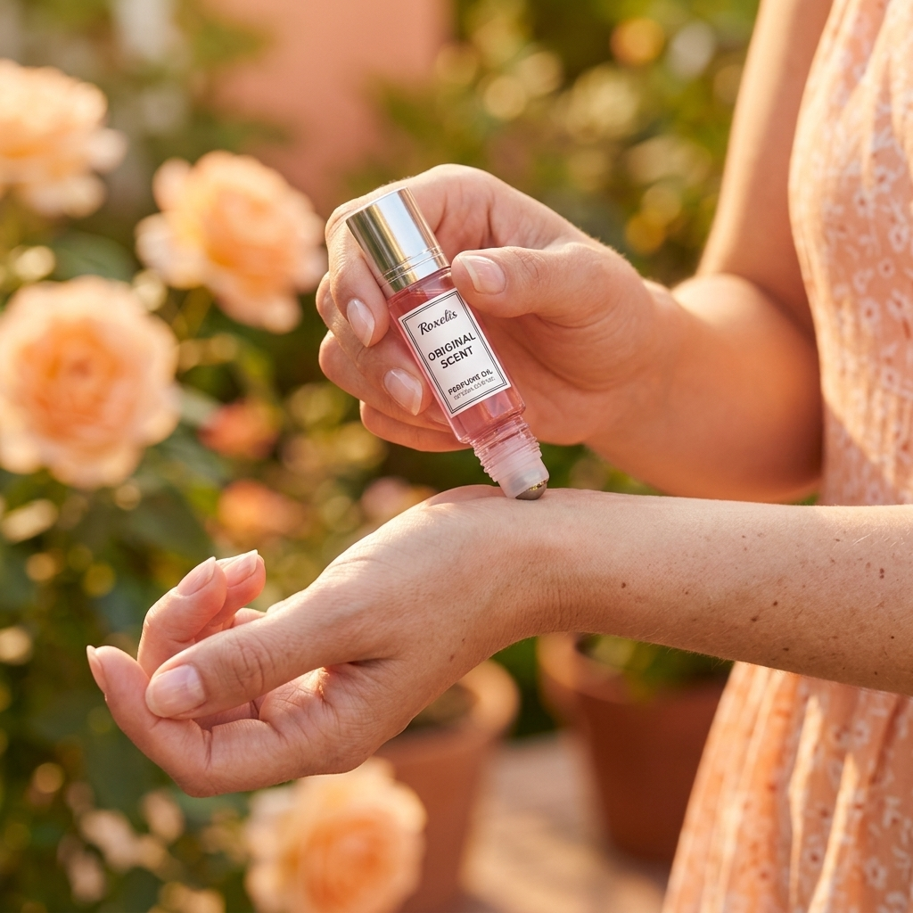 Woman applying Roxelis Sweet Peaches roll-on perfume to pulse points