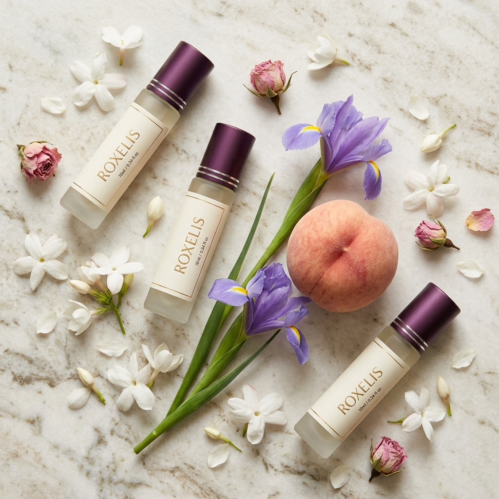 Four Roxelis pheromone roll-on perfume bottles flat lay with jasmine, peach and rose