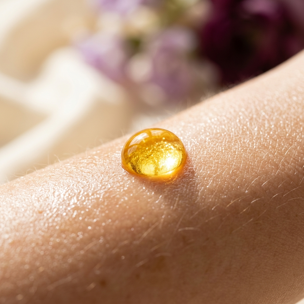 Macro close-up of Roxelis perfume oil droplet on skin