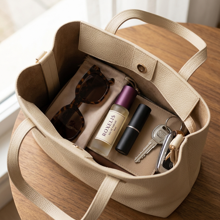 Roxelis roll-on perfume in a handbag, purse-sized and travel-friendly