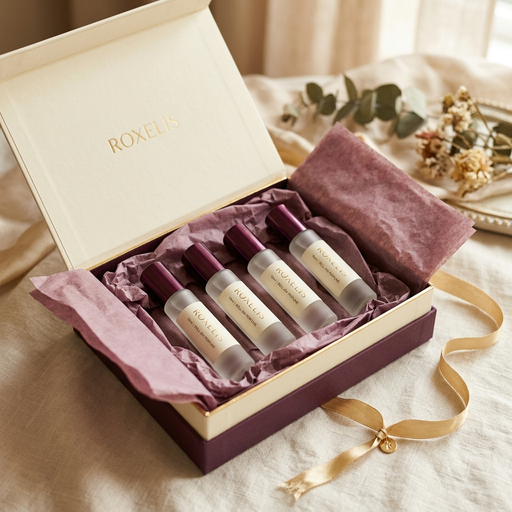 Roxelis gift box set with four roll-on perfume bottles and gold ribbon