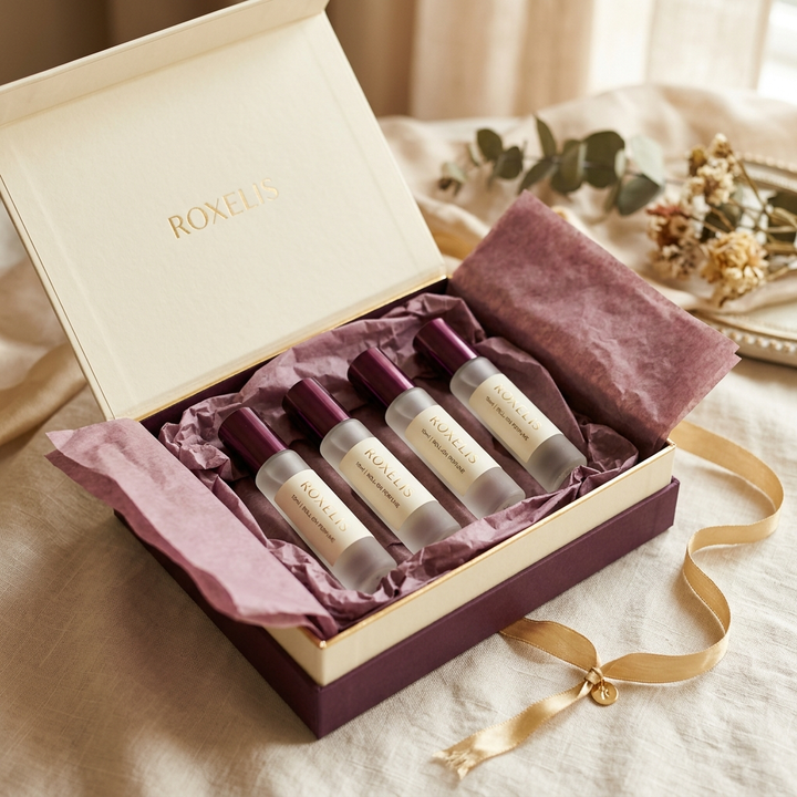 Roxelis gift box set with four roll-on perfume bottles and gold ribbon