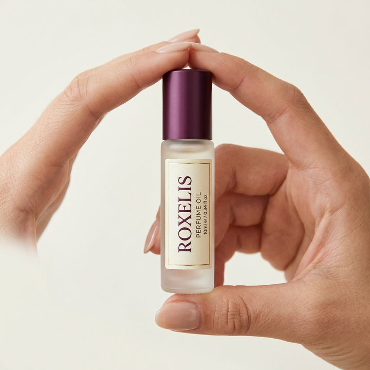 Roxelis 10ml roll-on perfume bottle held in hand for scale