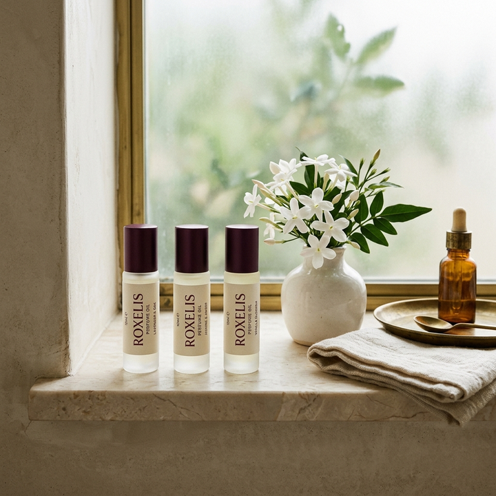 Roxelis Paris roll-on perfume on a marble vanity shelf